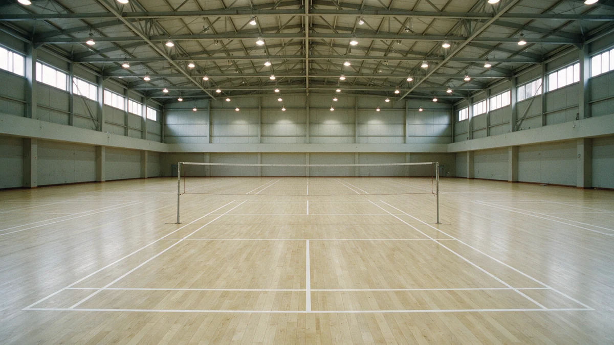 An empty indoor badminton hall, photographed from behind the back line: white court lines on a pale wooden floor and a badminton net strung across the middle.