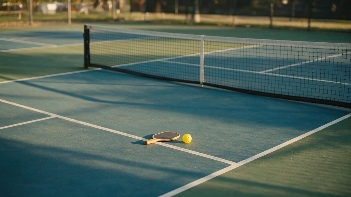 A pickleball paddle and a yellow perforated ball resting on a painted court line in front of the net on an empty court, in late-afternoon light.