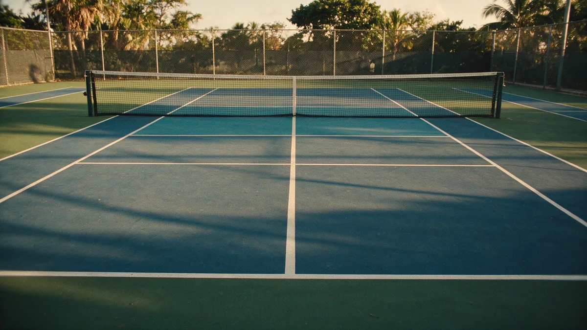 An empty outdoor pickleball court photographed from behind the baseline in low afternoon light, the net strung across the middle and long shadows over the painted lines.
