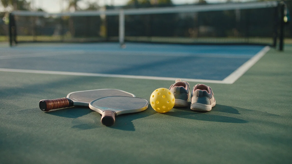 Two pickleball paddles, a yellow perforated ball and a pair of child's court shoes on an empty court by the net.
