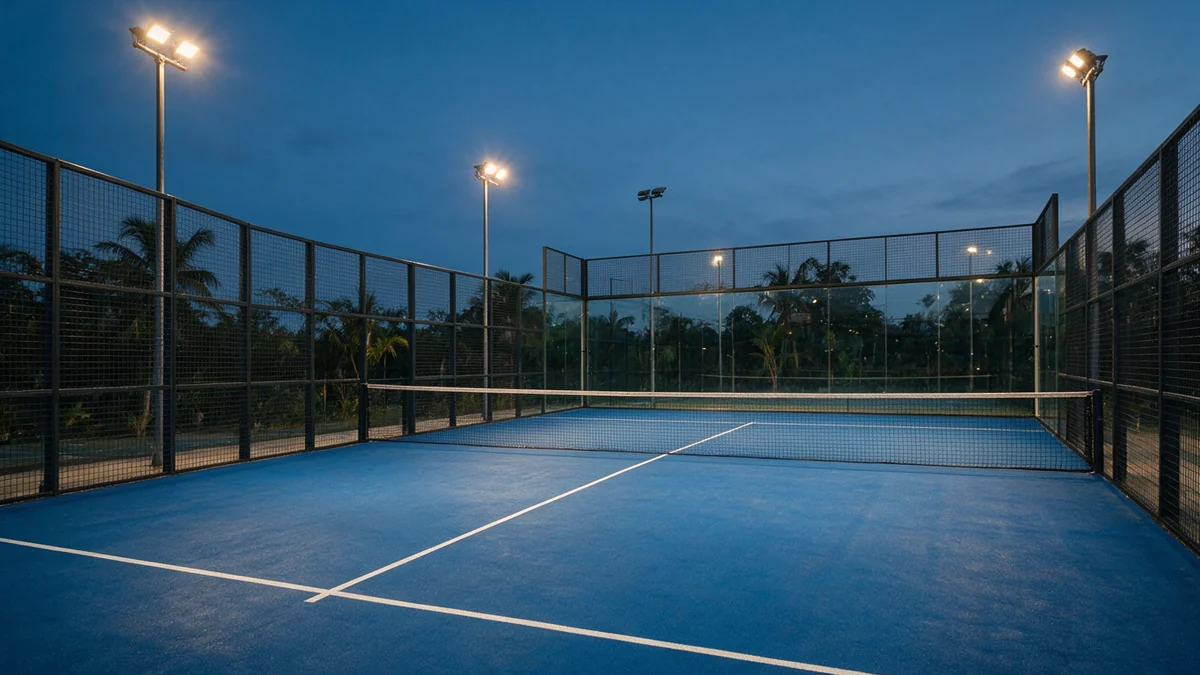 An empty padel court at dusk under floodlights, enclosed by a glass back wall and mesh fencing.
